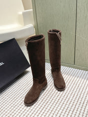 CHANEL 25S KNEE-HIGH BOOTS IN DARK BROWN SUEDE GOLD HARDWARE