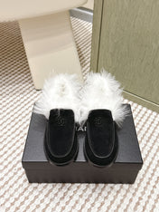 CHANEL 25S LOAFERS MOCCASIN IN BLACK SUEDE WITH WHITE MINK FUR LINING