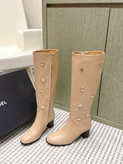 CHANEL 25S KNEE-HIGH BOOTS IN BEIGE CALFSKIN WITH RHINESTONES