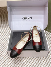 CHANEL 25S BALLERINA SHOES IN MAROON RED AND BLACK CALFSKIN GOLD HARDWARE