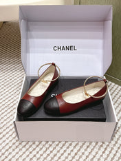 CHANEL 25S BALLERINA SHOES IN MAROON RED AND BLACK CALFSKIN GOLD HARDWARE