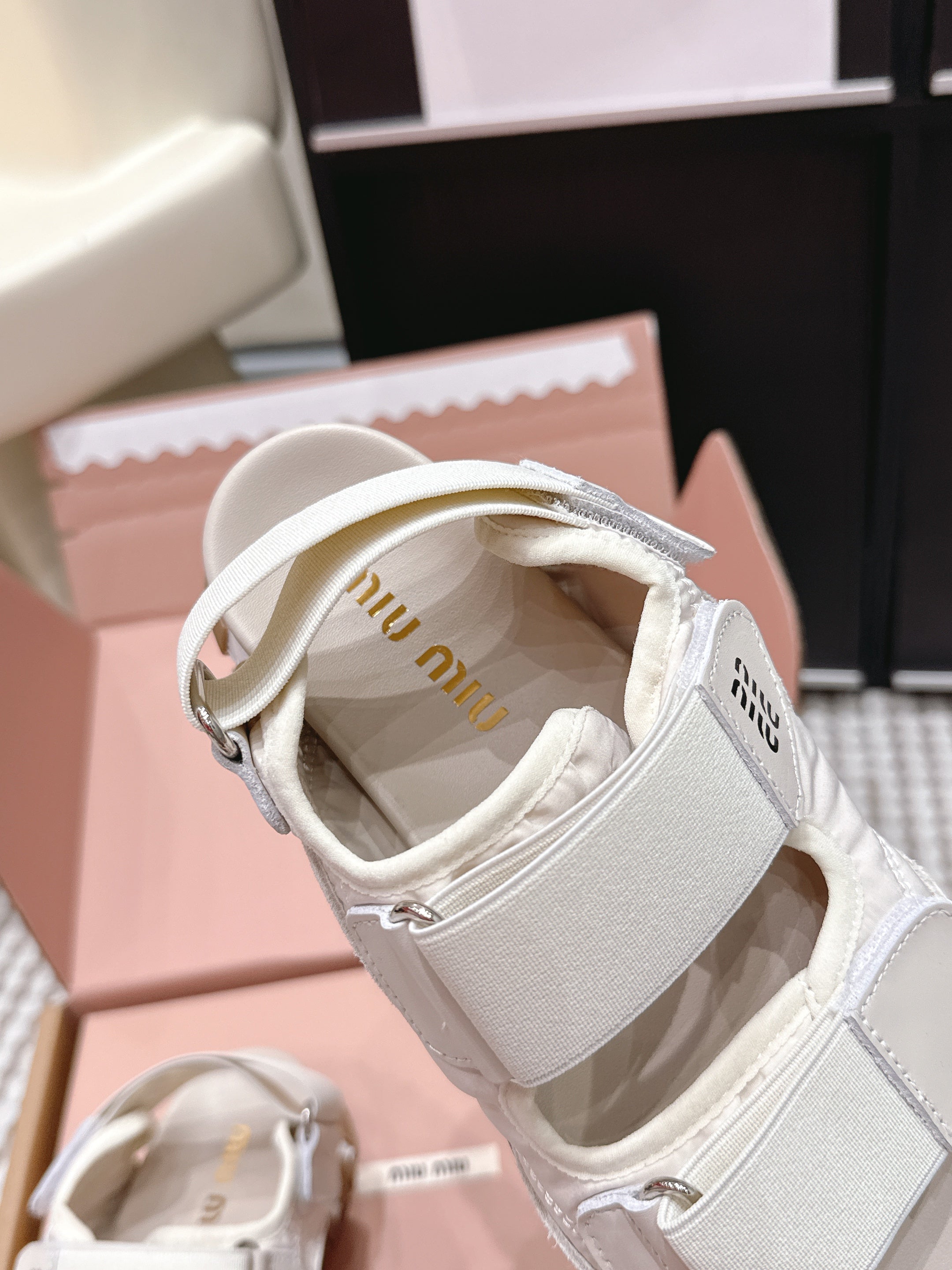 MIUMIU 26S VELCRO SANDALS IN CREAM WHITE CALFSKIN AND NYLON SILVER HARDWARE