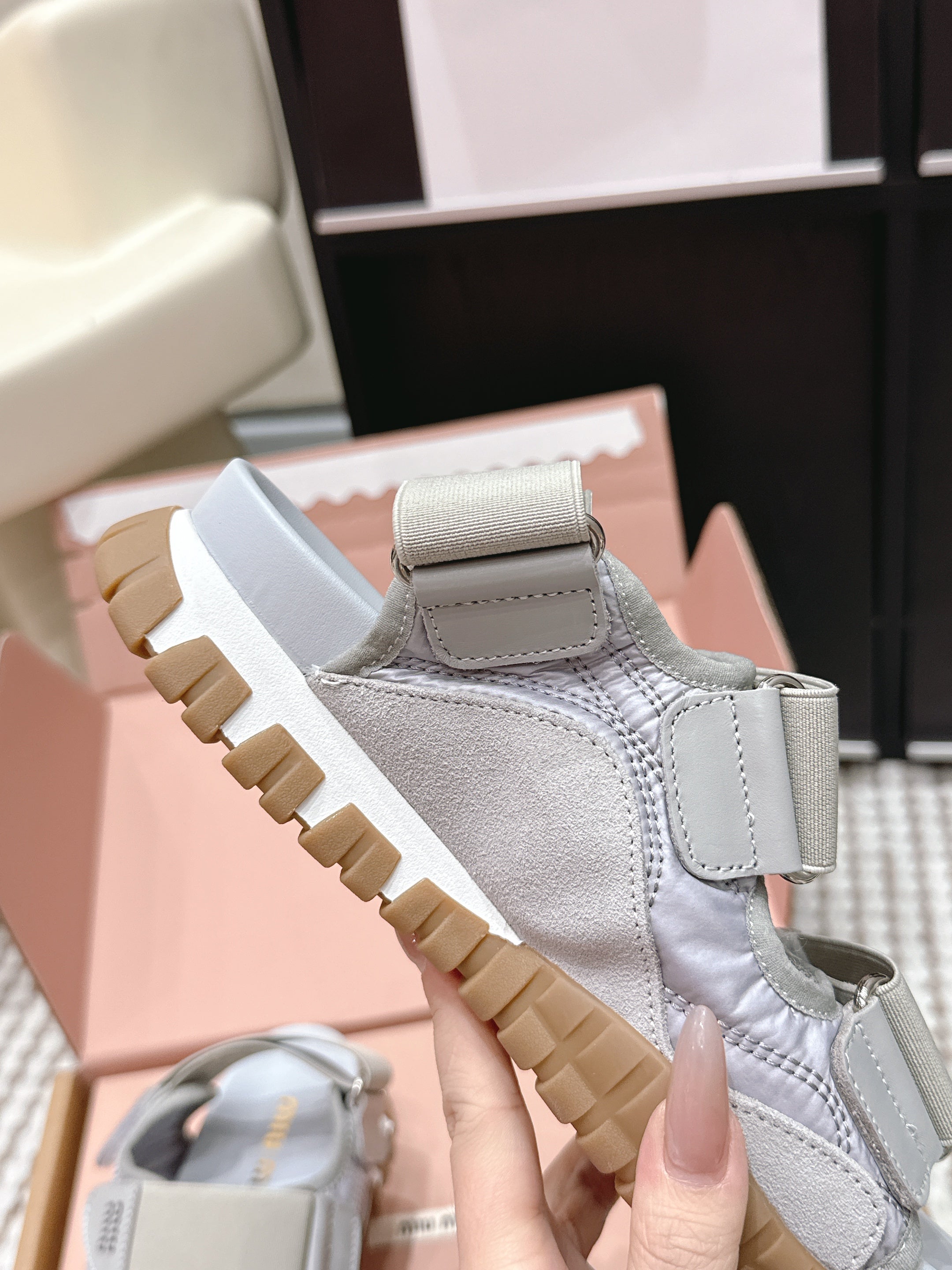 MIUMIU 26S VELCRO SANDALS IN GRAY CALFSKIN AND NYLON SILVER HARDWARE