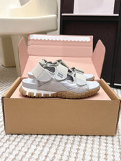 MIUMIU 26S VELCRO SANDALS IN GRAY CALFSKIN AND NYLON SILVER HARDWARE