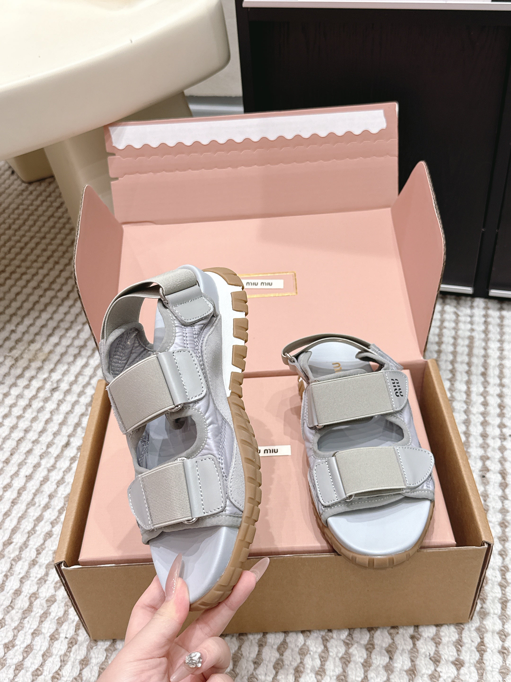 MIUMIU 26S VELCRO SANDALS IN GRAY CALFSKIN AND NYLON SILVER HARDWARE