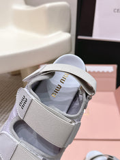 MIUMIU 26S VELCRO SANDALS IN GRAY CALFSKIN AND NYLON SILVER HARDWARE
