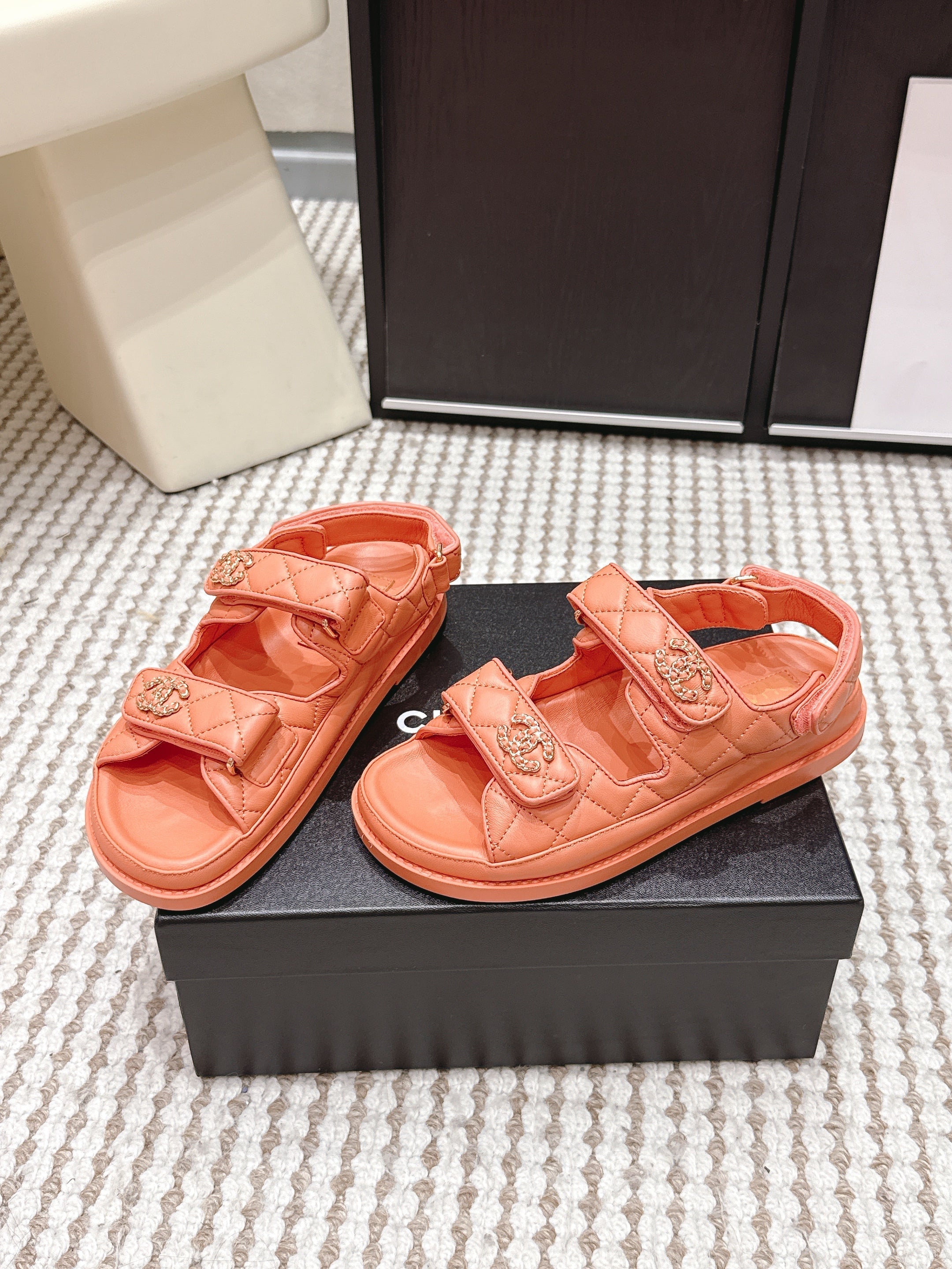 CHANEL 26S QUILTED DAD SANDALS IN ORANGE CALFSKIN