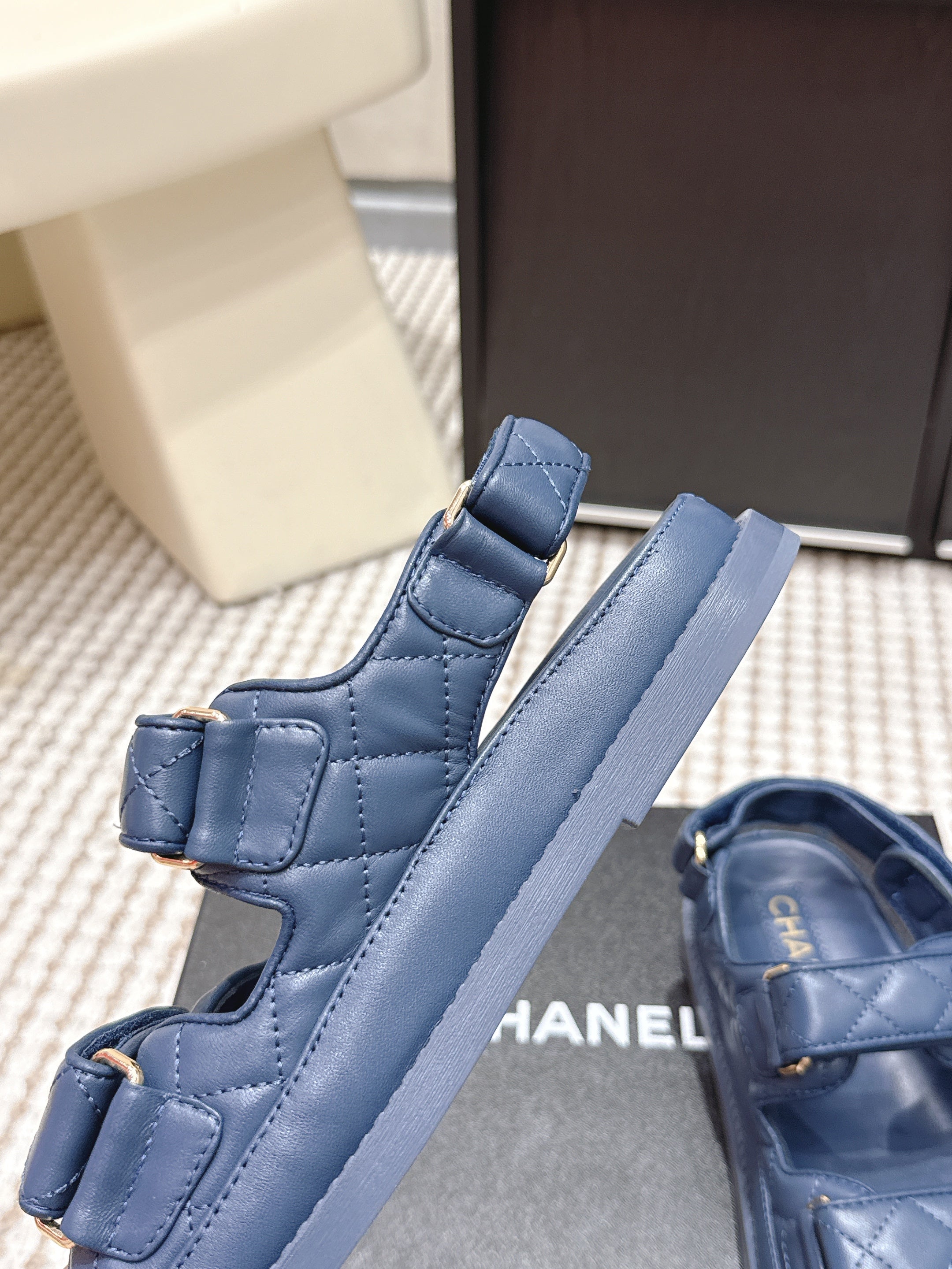 CHANEL 26S QUILTED DAD SANDALS IN SLATE BLUE CALFSKIN