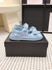 CHANEL 26S QUILTED DAD SANDALS IN LIGHT BLUE CALFSKIN
