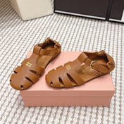 MIUMIU 26S RUCHES FISHERMAN SANDALS IN BROWN ORANGE CALFSKIN GOLD HARDWARE