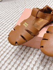 MIUMIU 26S RUCHES FISHERMAN SANDALS IN BROWN ORANGE CALFSKIN GOLD HARDWARE