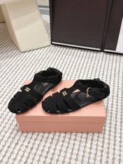 MIUMIU 26S RUCHES FISHERMAN SANDALS IN BLACK SUEDE GOLD HARDWARE