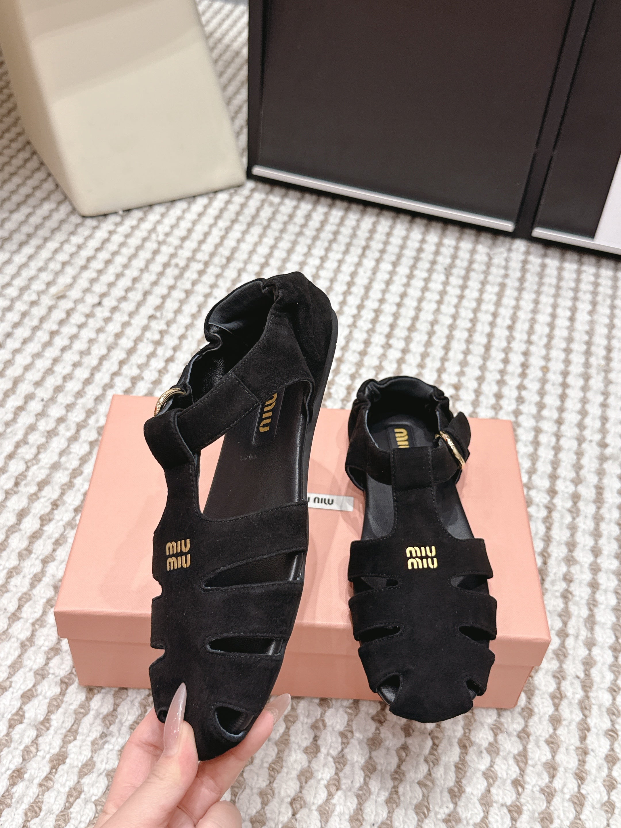 MIUMIU 26S RUCHES FISHERMAN SANDALS IN BLACK SUEDE GOLD HARDWARE