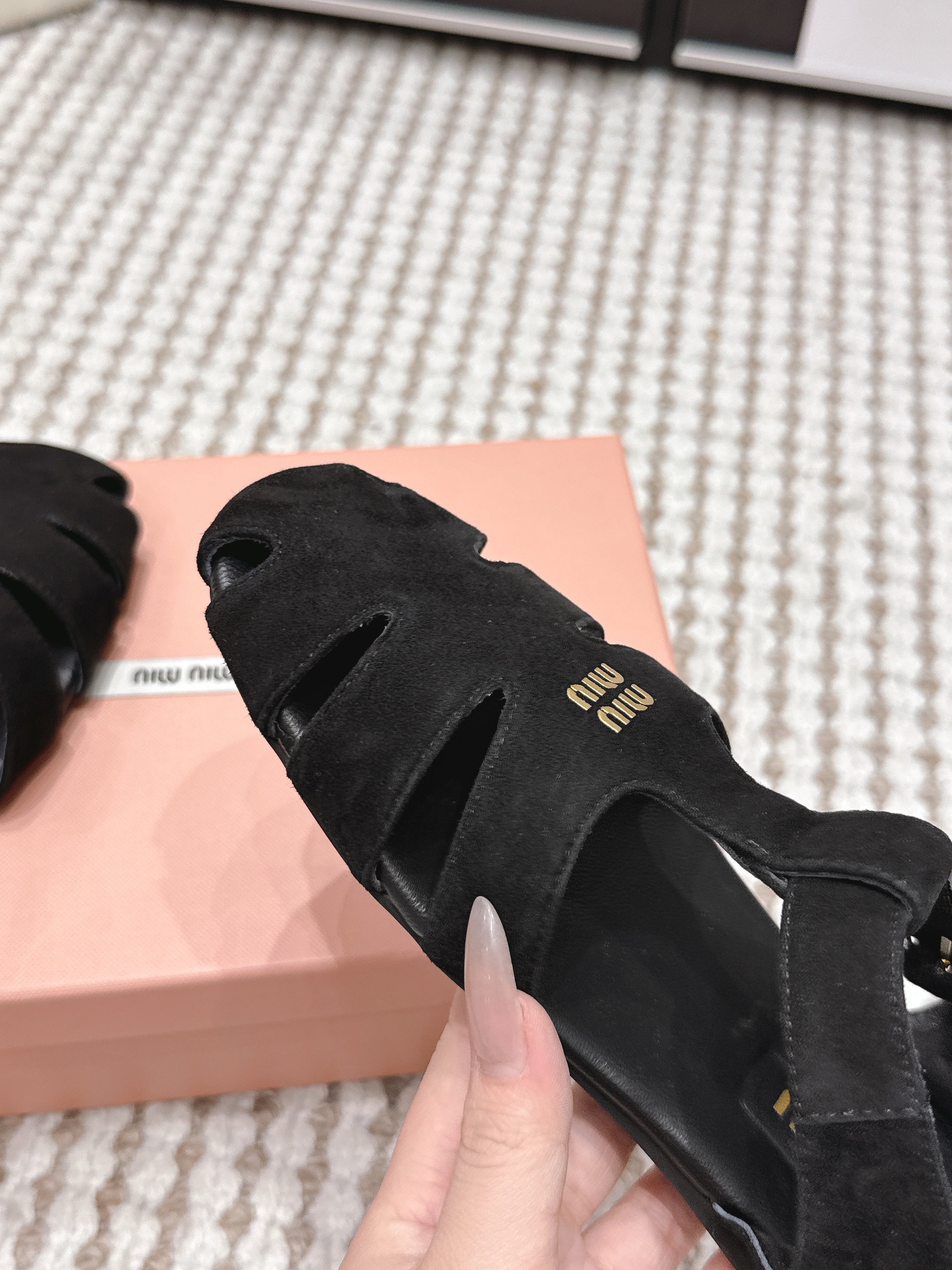 MIUMIU 26S RUCHES FISHERMAN SANDALS IN BLACK SUEDE GOLD HARDWARE
