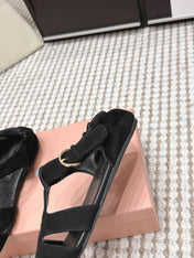 MIUMIU 26S RUCHES FISHERMAN SANDALS IN BLACK SUEDE GOLD HARDWARE