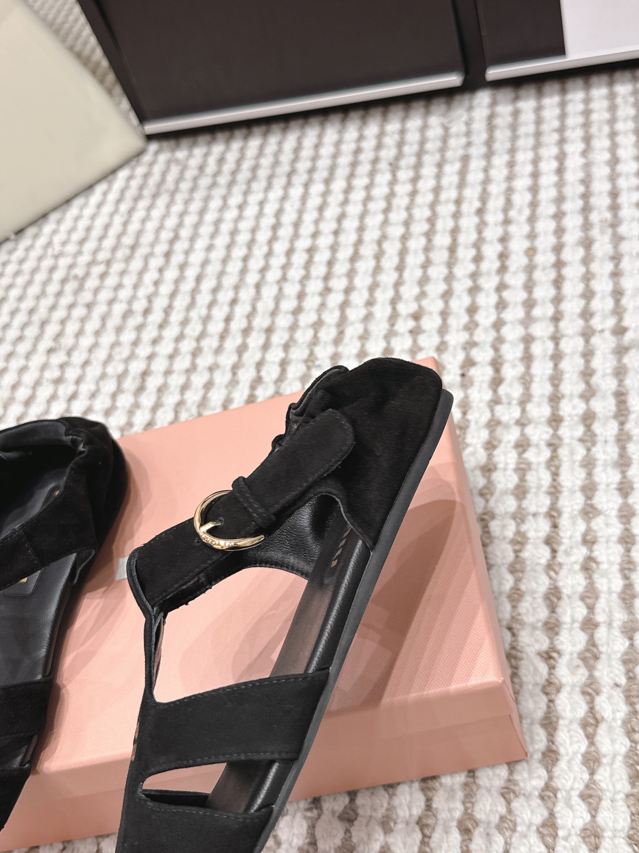 MIUMIU 26S RUCHES FISHERMAN SANDALS IN BLACK SUEDE GOLD HARDWARE