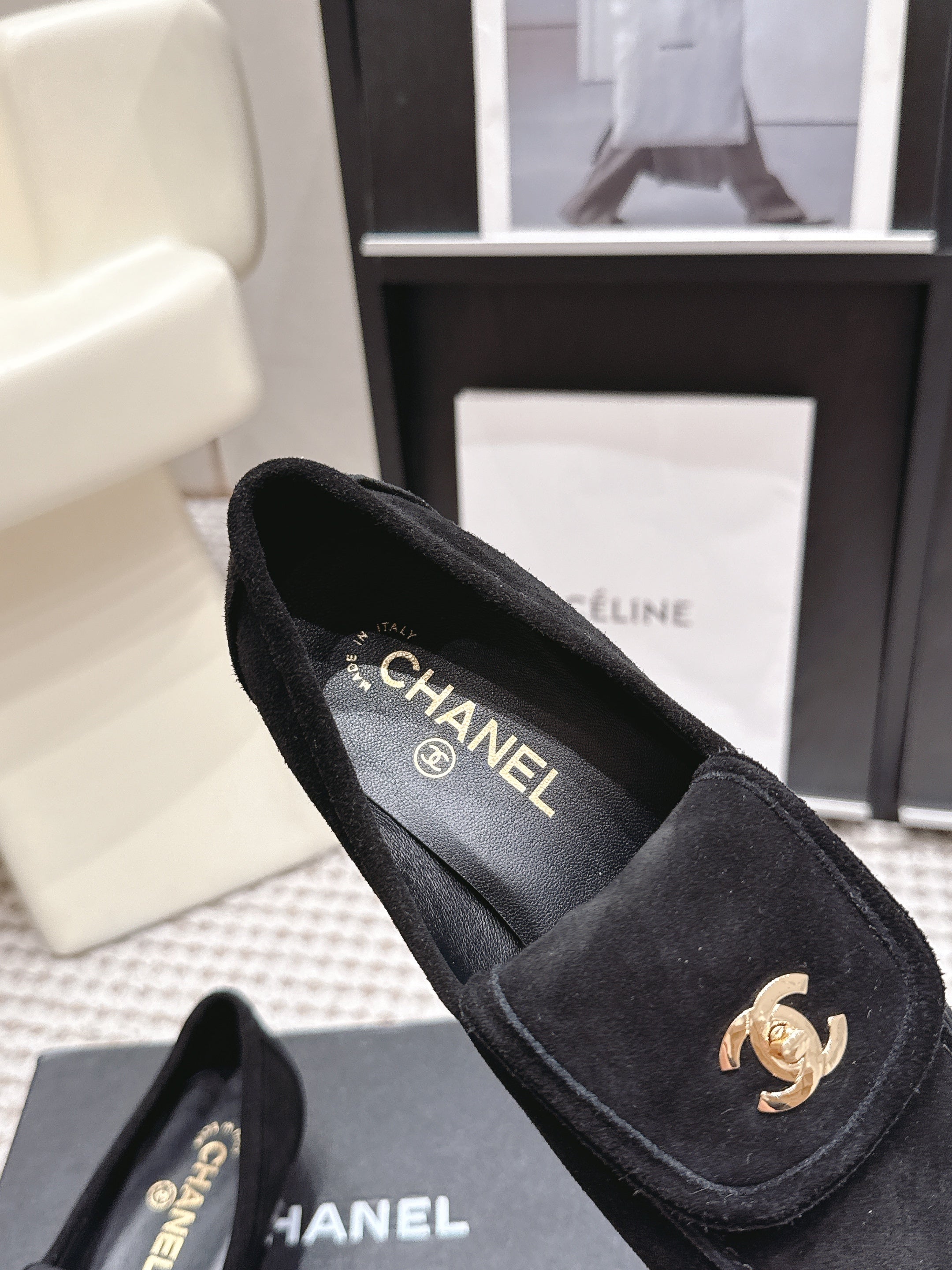 CHANEL 26S LOAFERS IN BLACK SUEDE WITH GOLD-TONE CC LOGO
