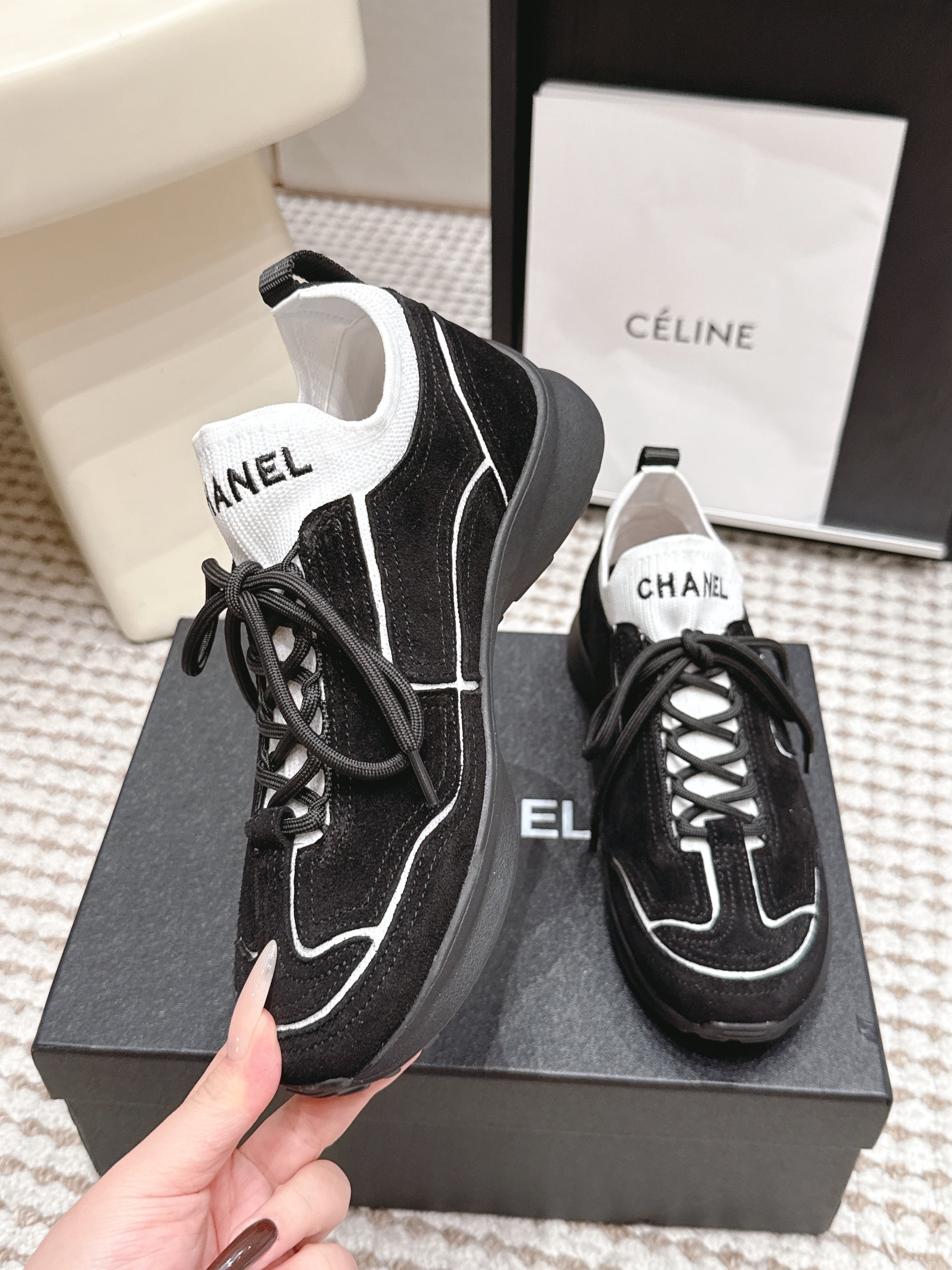 CHANEL 26S PLATFORM SNEAKERS 30 MM IN BLACK SUEDE WITH WHITE FABRIC