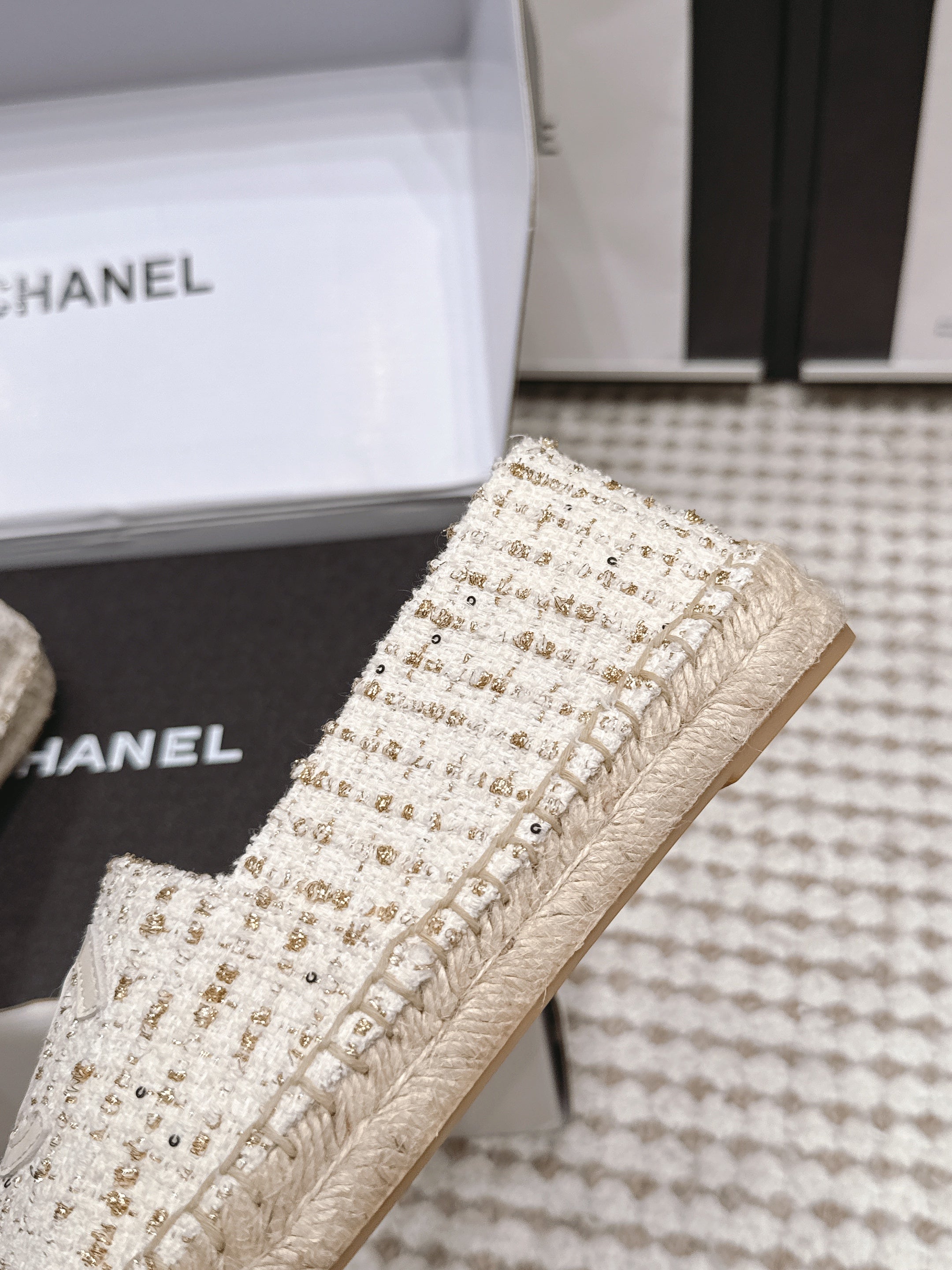 CHANEL 26S SLIP ONS IN WHITE TWEED AND PATENT CALFSKIN