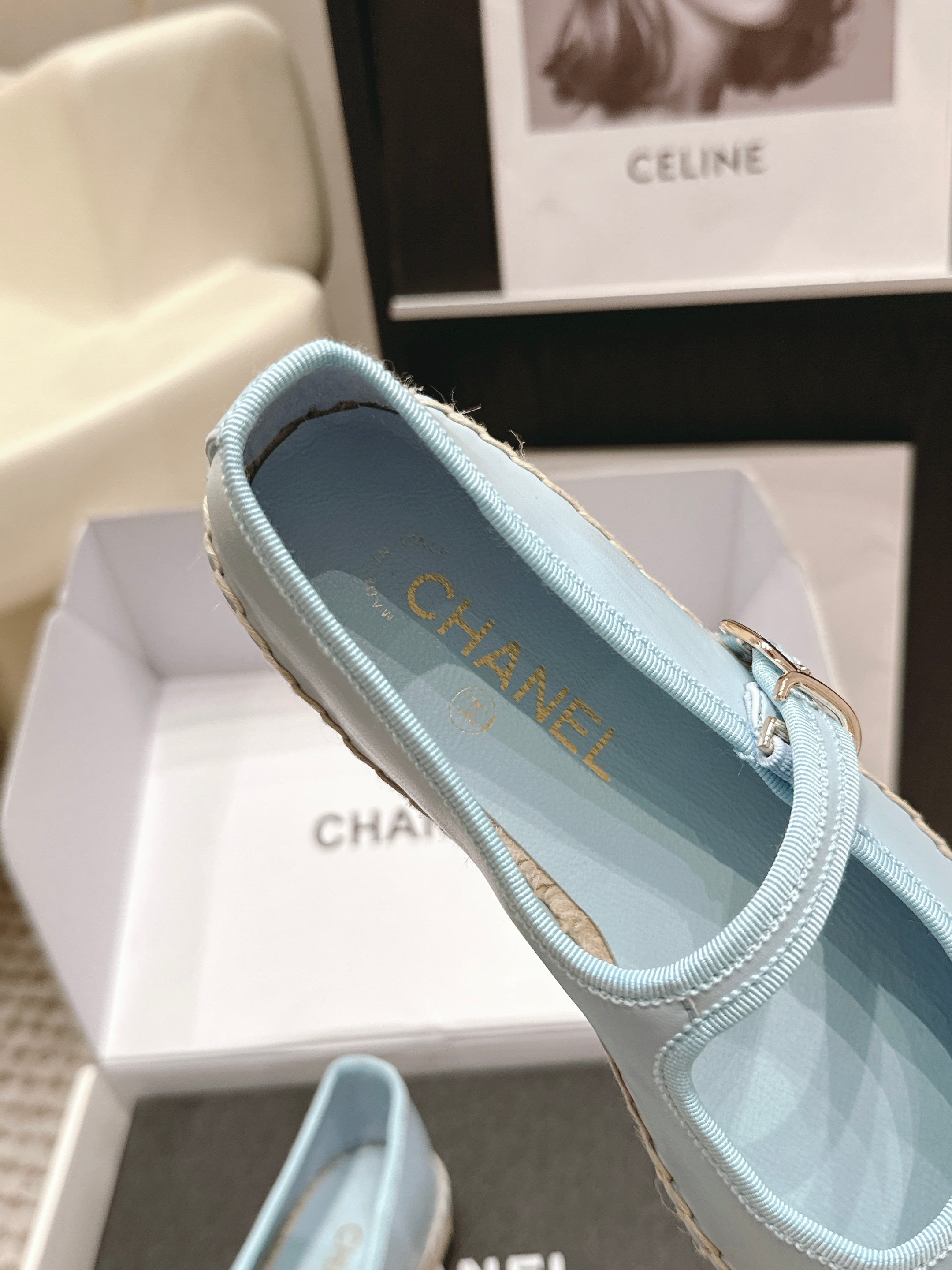 CHANEL 26S MARY JANE FLATS IN LIGHT BLUE LAMBSKIN ESPADRILLE SOLE