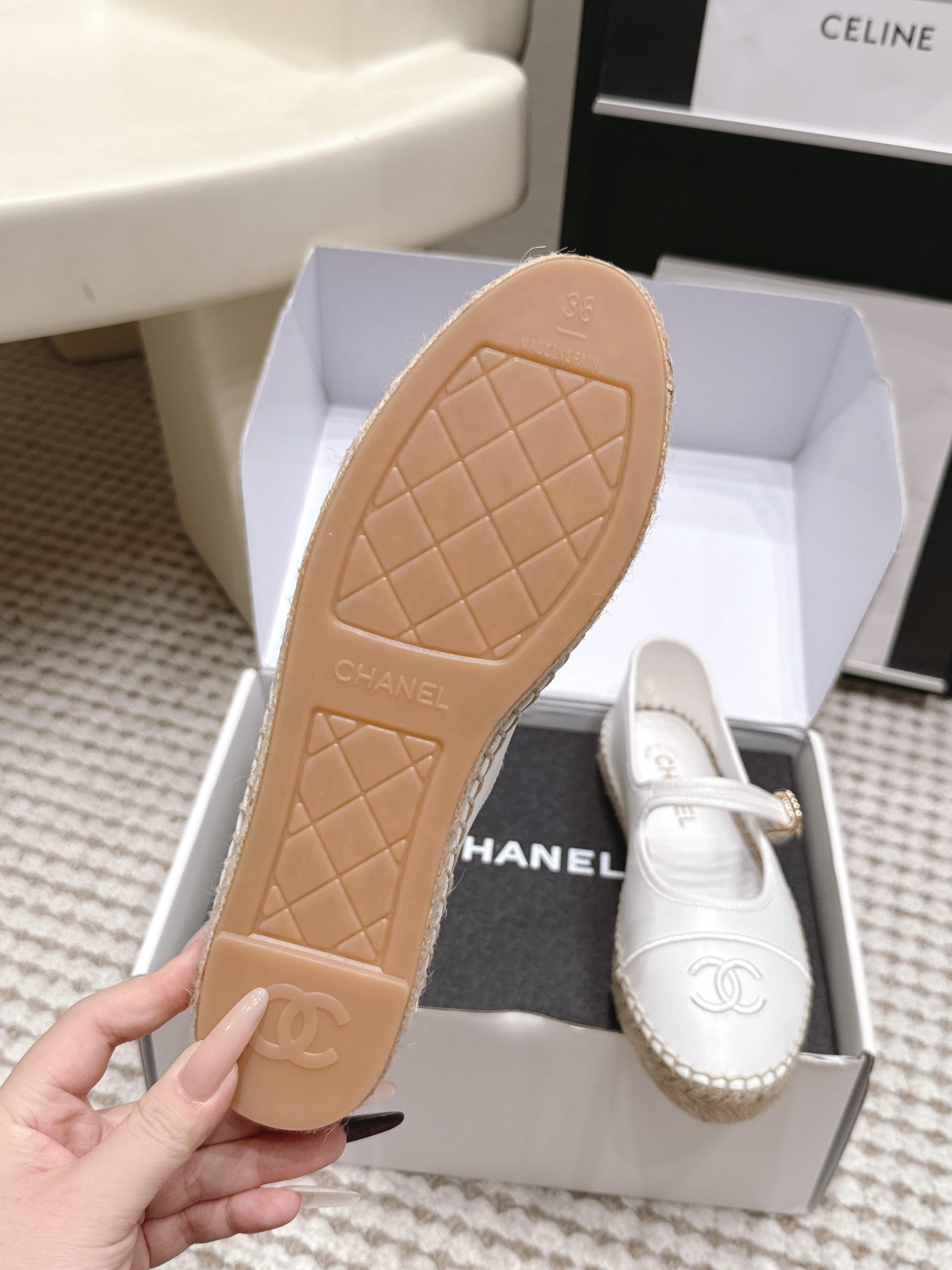 CHANEL 26S MARY JANE FLATS IN WHITE LAMBSKIN ESPADRILLE SOLE
