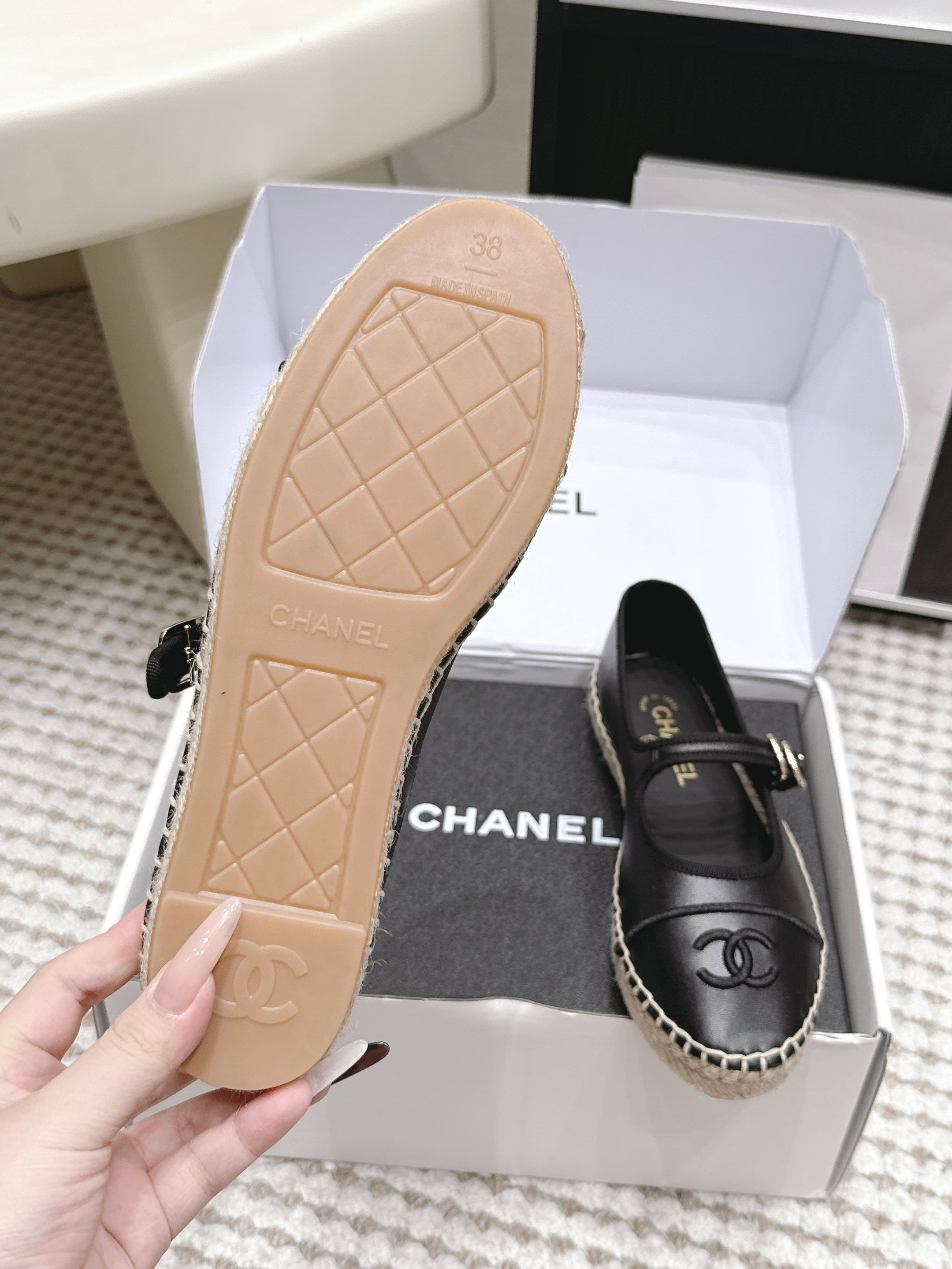 CHANEL 26S MARY JANE FLATS IN BLACK LAMBSKIN ESPADRILLE SOLE