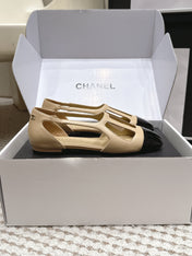CHANEL 26S ROUND TOE MARY JANE FLATS IN OFF BEIGE CUTOUT CALFSKIN WITH BLACK PATENT TOE