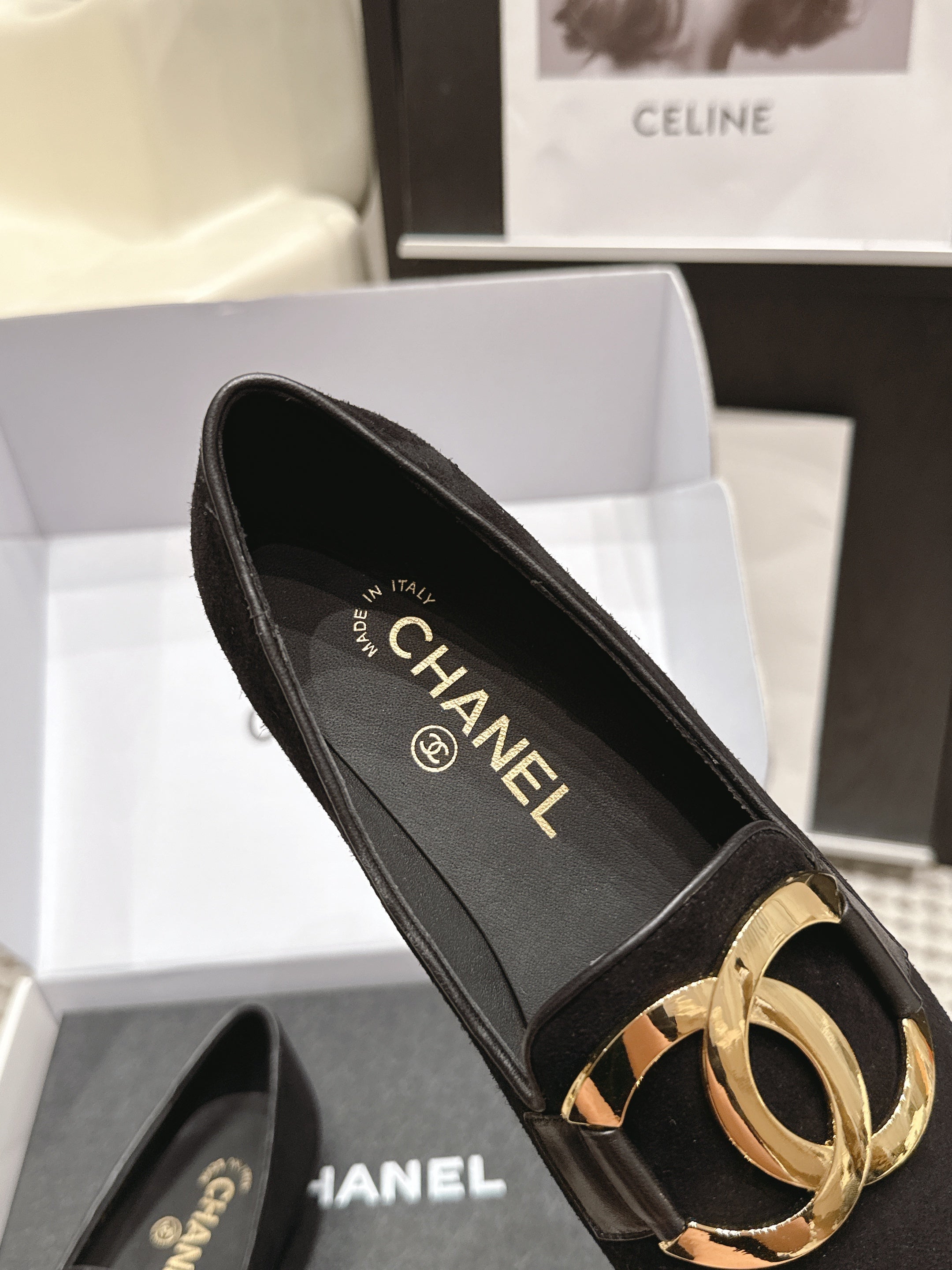 CHANEL 26S SQUARE TOE FLATS IN BLACK SUEDE WITH GOLD TONE CC LOGO