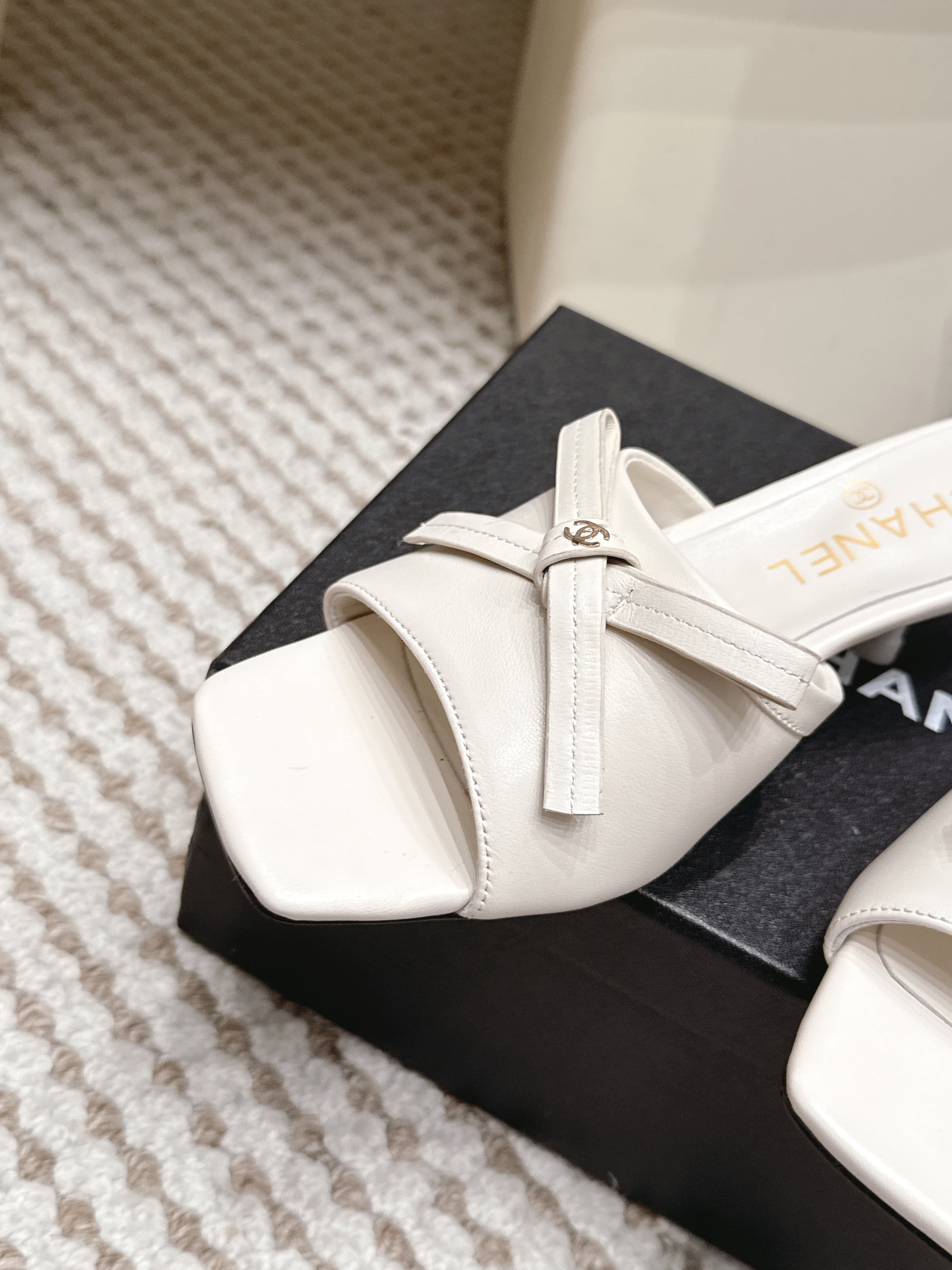 CHANEL 26S SQUARE TOE HIGH HEEL SANDALS IN OFF WHITE CALFSKIN