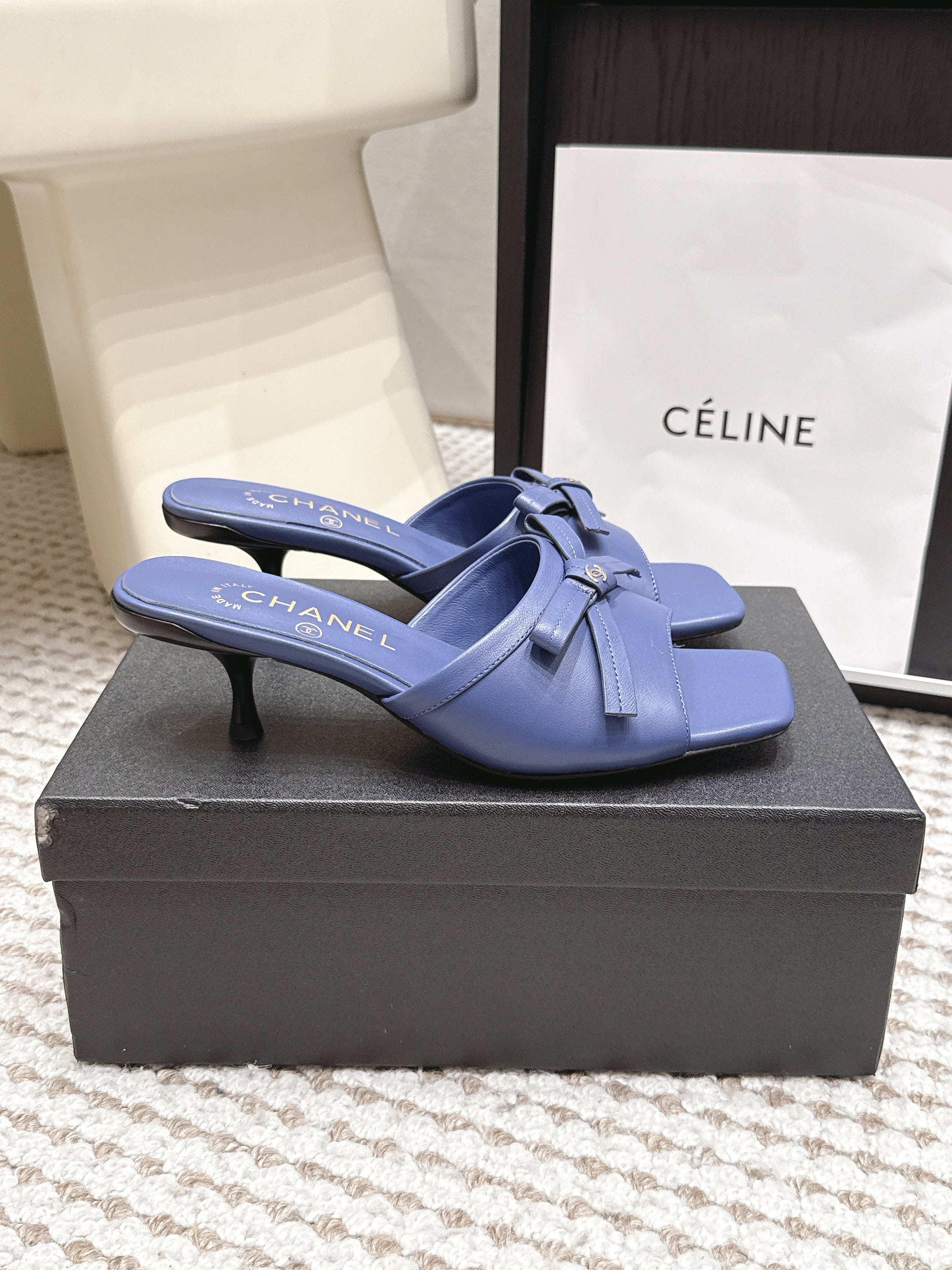 CHANEL 26S SQUARE TOE HIGH HEEL SANDALS IN DARK BLUE CALFSKIN