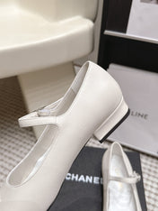 CHANEL 26S SQUARE TOE MARY JANE FLATS IN OFF WHITE CALFSKIN