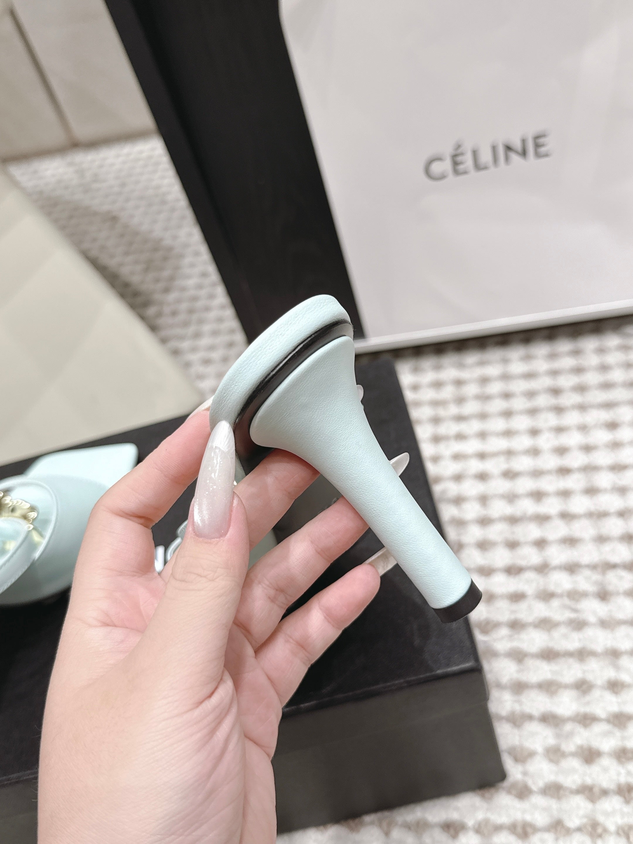 CHANEL 26S SQUARE TOE HIGH HEEL SANDALS 50 MM IN LIGHT BLUE CALFSKIN