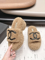 CHANEL 26S HIGH HEEL MULES IN BEIGE BLACK SHEARLING