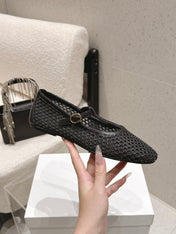 THE ROW 26S MARY JANE FLATS IN BLACK CALFSKIN AND MESH