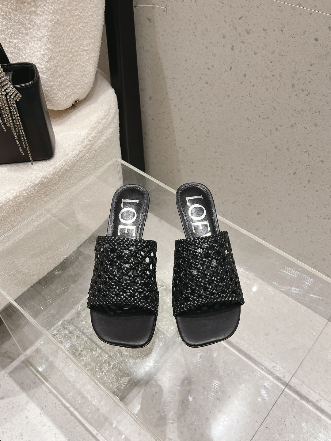 LOEWE 26S WOVEN HEEL SANDALS 50 MM IN BLACK LAMBSKIN