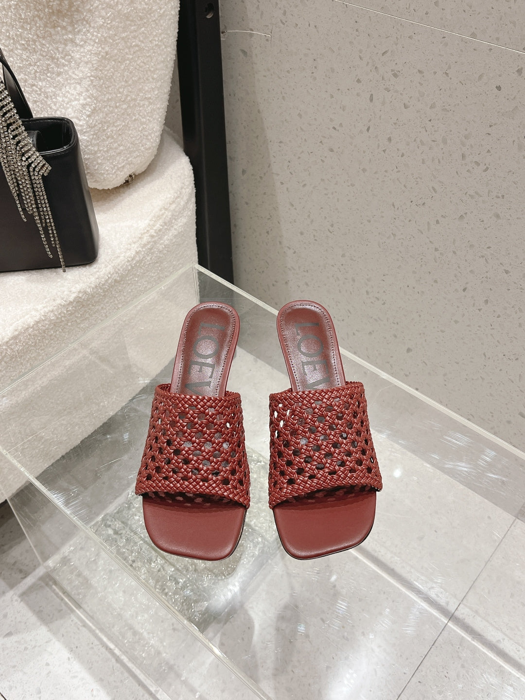 LOEWE 26S WOVEN HEEL SANDALS 50 MM IN DARK RED LAMBSKIN