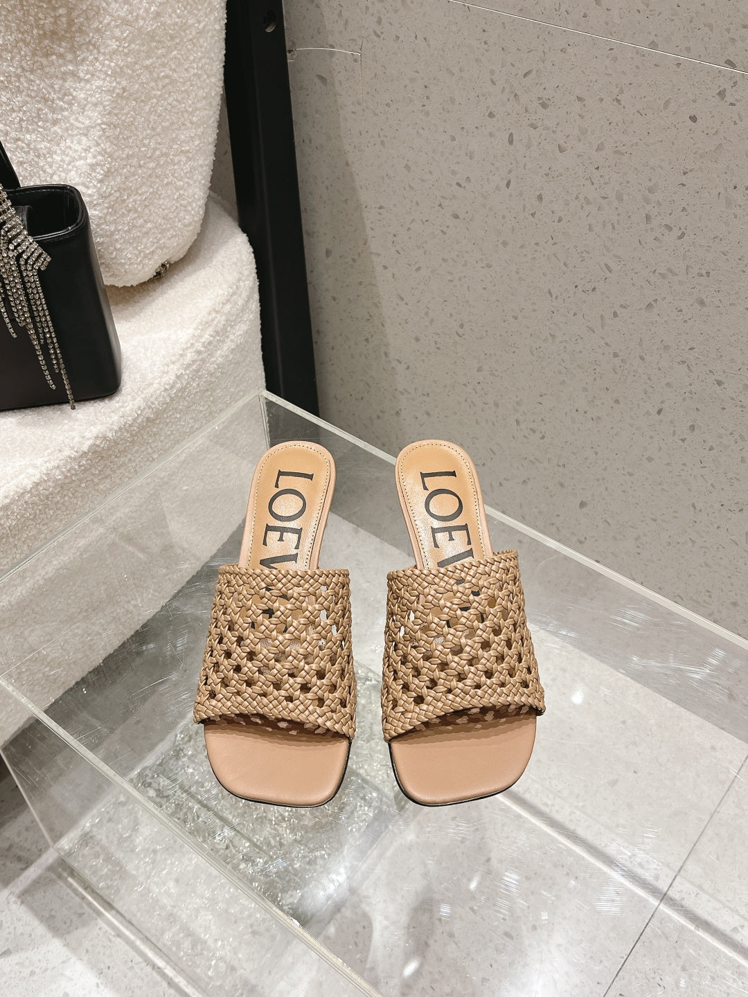 LOEWE 26S WOVEN HEEL SANDALS 50 MM IN DARK BEIGE LAMBSKIN
