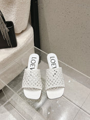 LOEWE 26S WOVEN HEEL SANDALS 50 MM IN WHITE LAMBSKIN