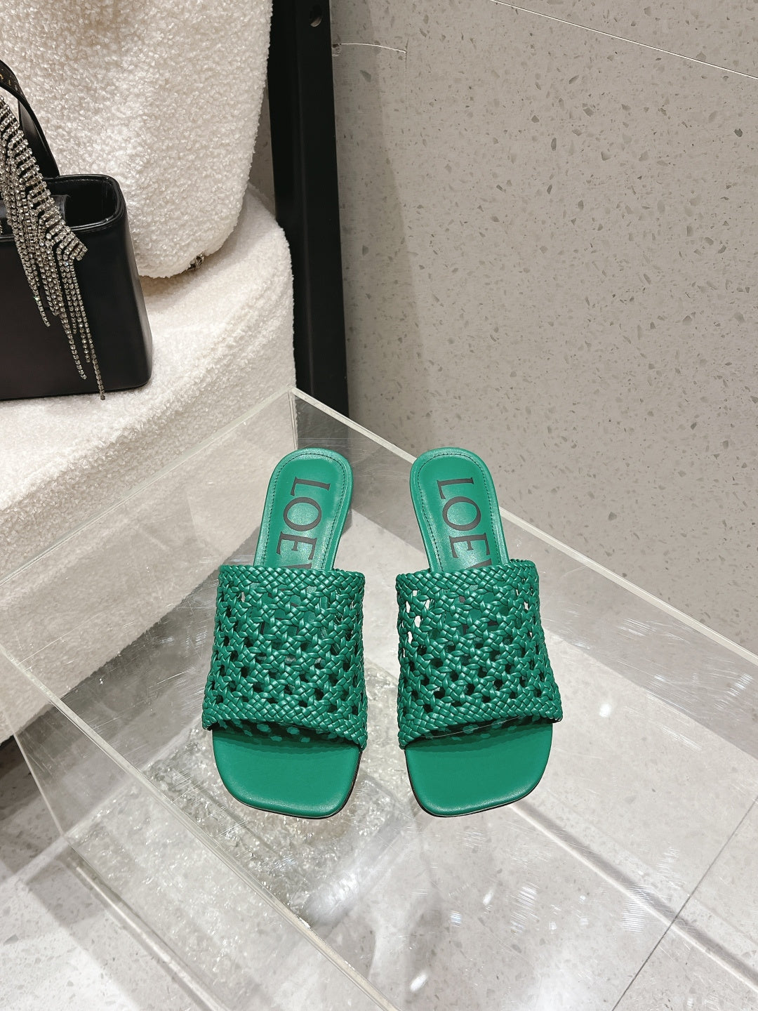 LOEWE 26S WOVEN HEEL SANDALS 50 MM IN GREEN LAMBSKIN