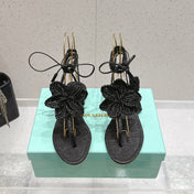 AQUAZZURA 26S FLORAL THONG SANDALS IN BLACK WOVEN RAFFIA