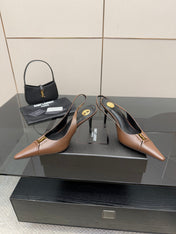 YSL 25S SLINGBACK HIGH HEELS 90 MM IN CHESTNUT BROWN LAMBSKIN WITH GOLD HARDWARE STYLE 1