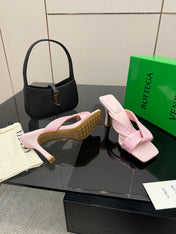 BOTTEGA VENETA 26S HEELED SANDALS 95 MM IN LIGHT PINK CALFSKIN AND RAFFIA