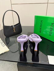 BOTTEGA VENETA 26S HEELED SANDALS 95 MM IN LIGHT PURPLE CALFSKIN AND RAFFIA