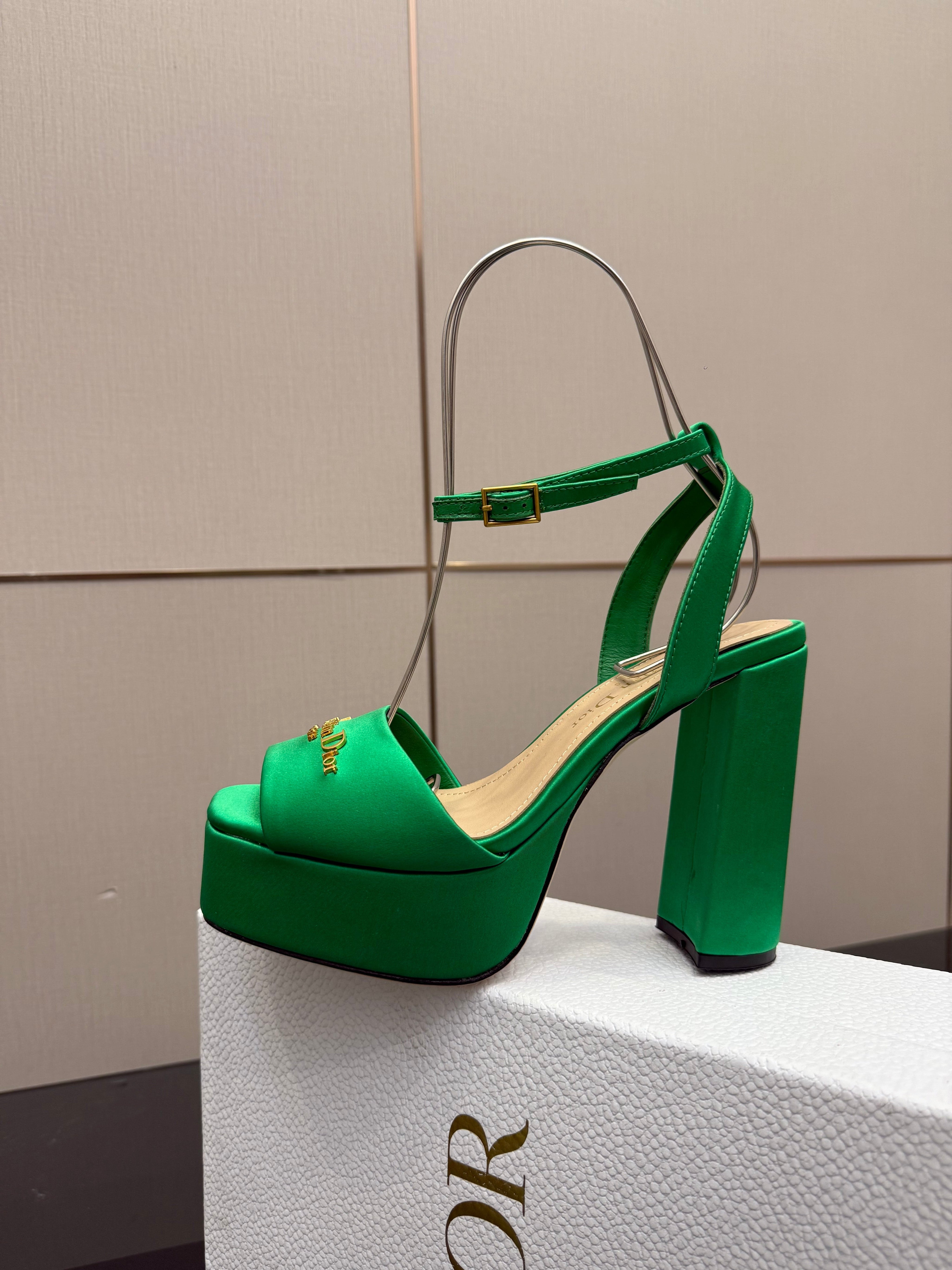 DIOR 26S HIGH HEEL SANDALS 120 MM IN GREEN SATIN