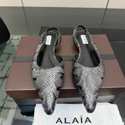 ALAIA 26S CUT-OUT SLINGBACK FLATS IN BLACK PYTHON-EMBOSSED LEATHER