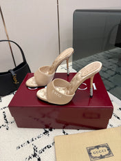 GUCCI 26S CRYSTAL-HEEL SANDALS 100 MM IN BEIGE SATIN