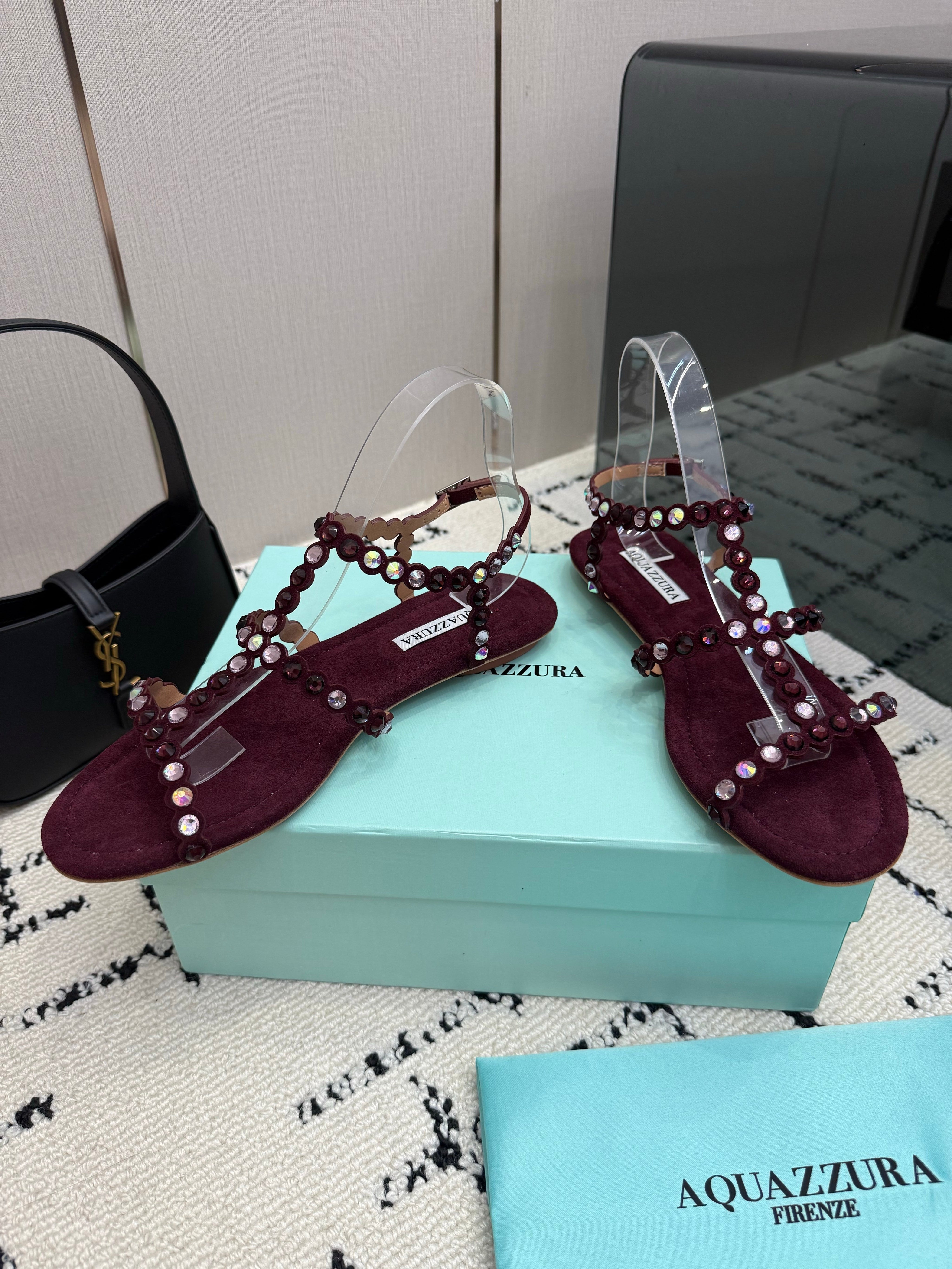 AQUAZZURA 26S FLAT SANDALS IN DARK RED SUEDE CRYSTAL-EMBELLISHED