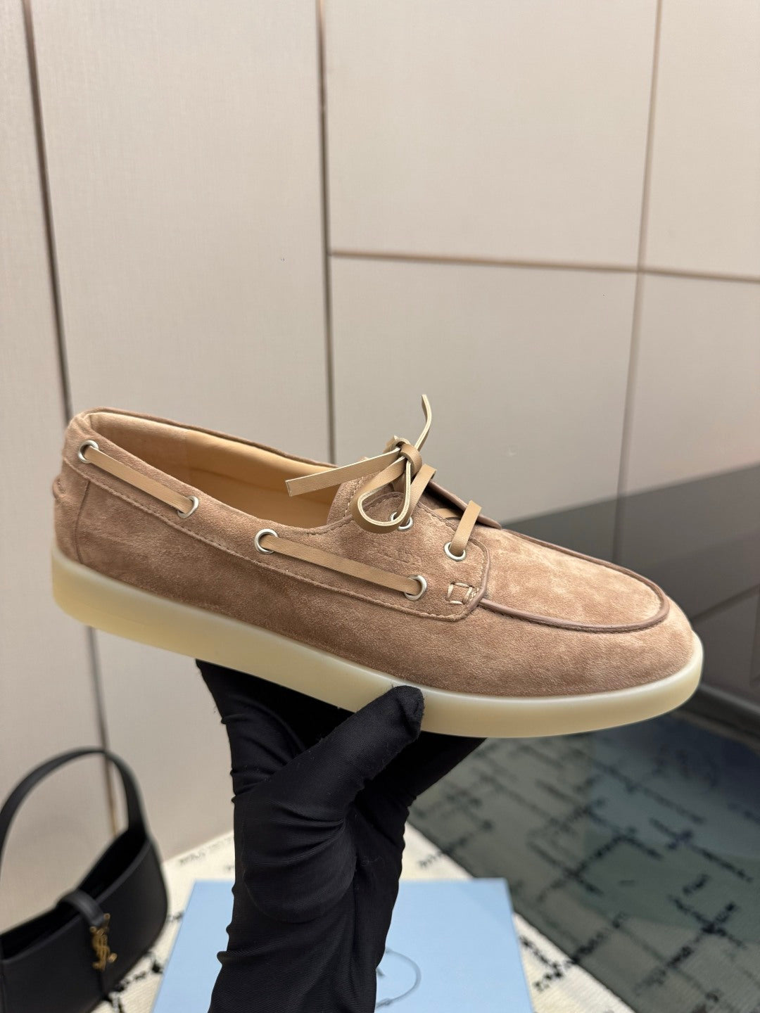 PRADA 26S LOAFERS IN BEIGE SUEDE WITH RUBBER SOLE