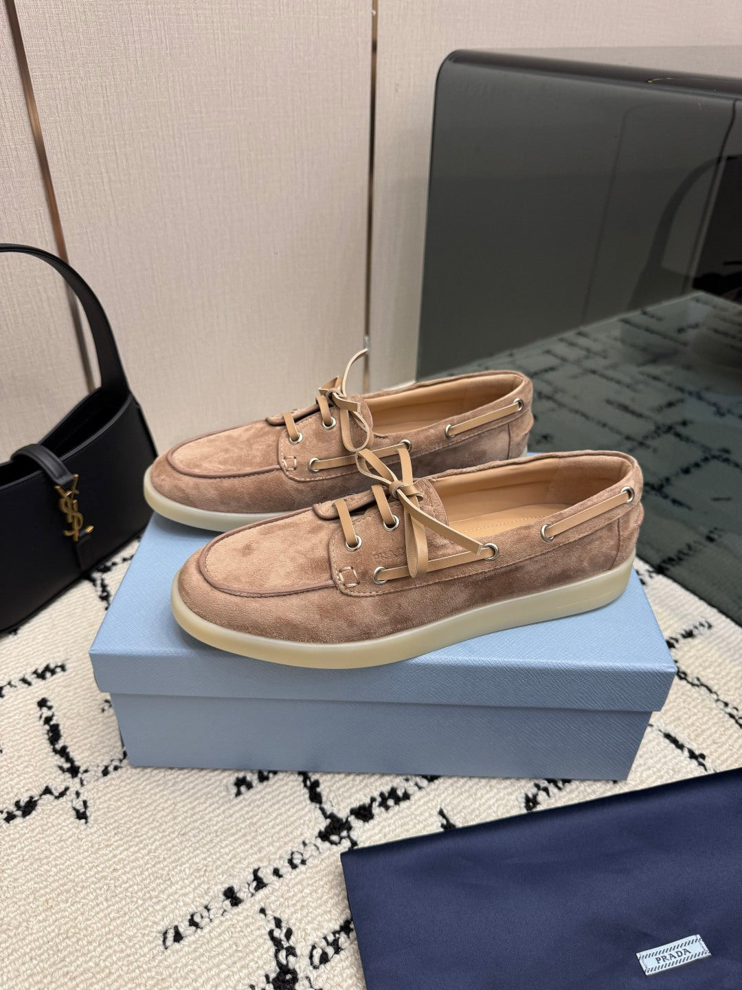 PRADA 26S LOAFERS IN BEIGE SUEDE WITH RUBBER SOLE