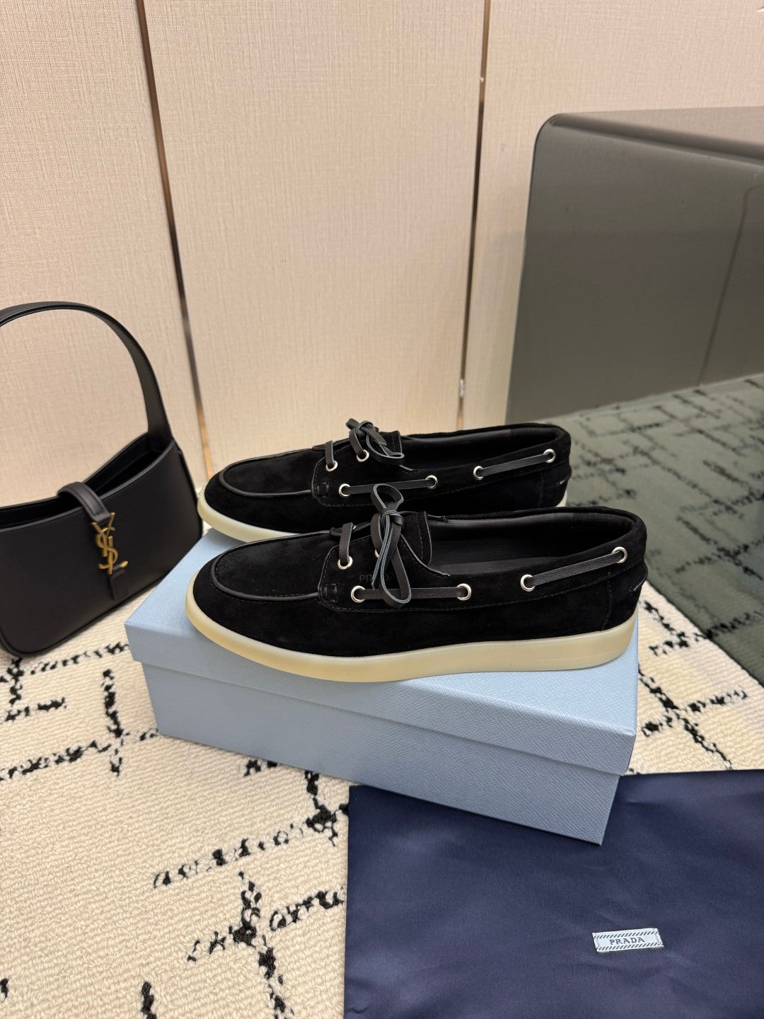 PRADA 26S LOAFERS IN BLACK SUEDE WITH RUBBER SOLE